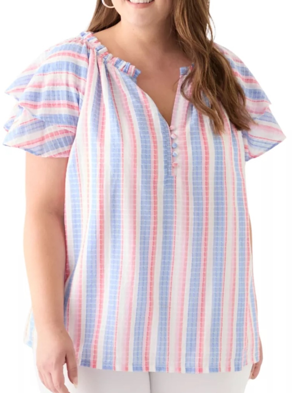 Chelsea & Theodore Short Sleeve Double Ruffle Woven Shirt Red/White/Blue 1X